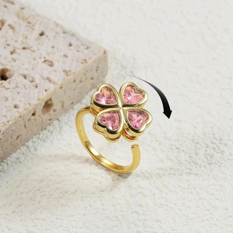 1 Stück neuer Mode drehbarer vierblättriger Zirkon offener verstellbarer Ring Luxus Nischendesign High-End Sinn für Schmuck