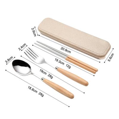3PCS Stainless Steel Tableware Cutlery Set with Beech Handle Include Fork Spoon Chopsticks Case