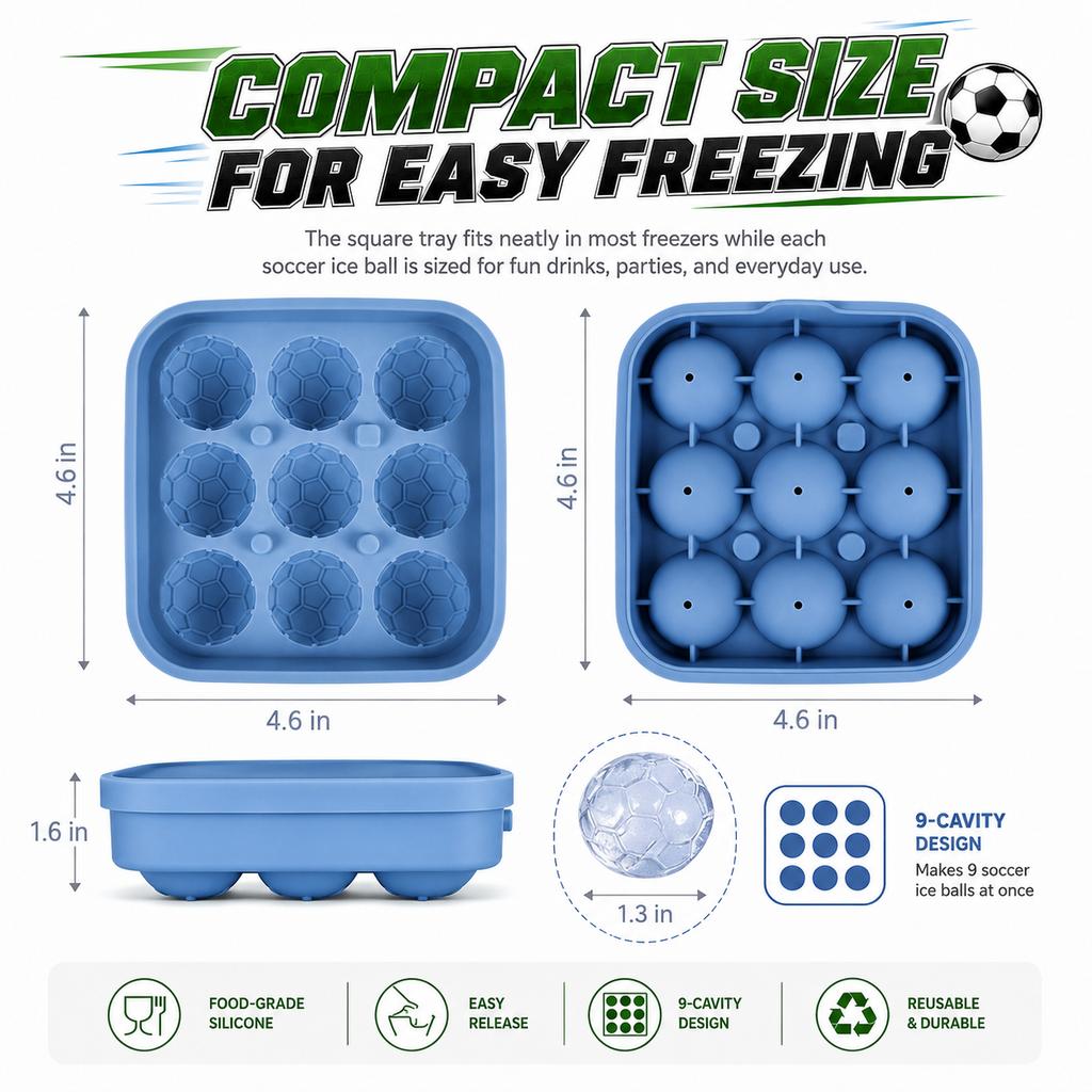 3D Soccer Ball Silicone Ice Cube Maker Tray 9-Cavity Football Ice Sphere Mold For Party Whiskey Cocktails Beverages Ice Trays