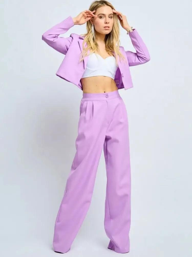 Women's Light Khaki Short Blazer and Wide-Leg Trousers Set