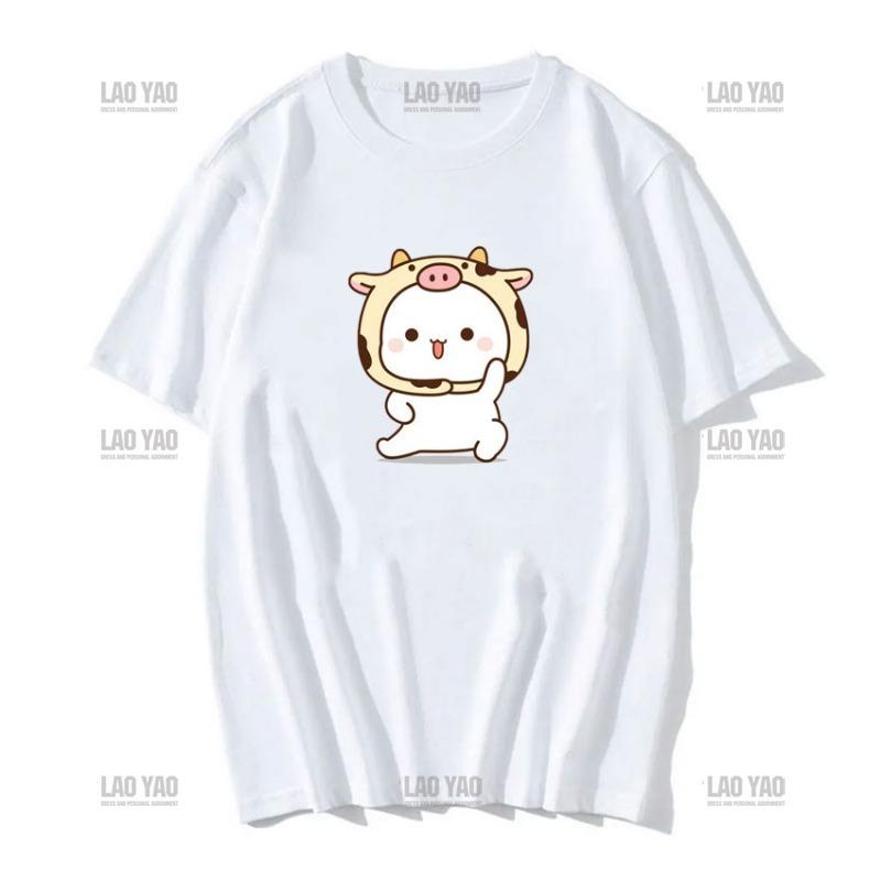 Słodka brzoskwiniowa kotka z kreskówkową parą nadrukowaną koszulką unisex szara wysłana kwiaty do brzoskwiniowej koszulki nowy styl miłośnicy ubrań casualowa koszulka