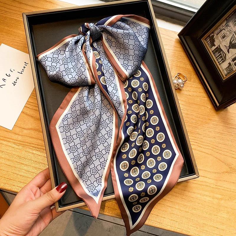 Luxury Design Silk Skinny Scarf Women Retro Hair Bands Neckerchief Soft Satin Lady Headband Bag Ribbon Tie Foulard Female Office