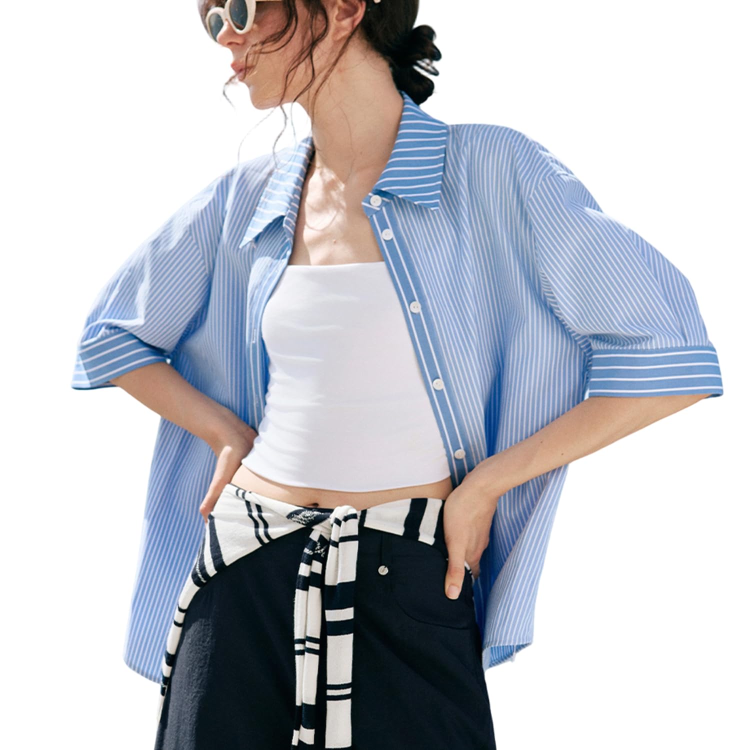 [ELLE] ELLE Women s Short-Sleeved Shirt Blouse, French Style, Stripe Patchwork, 100% Cotton, Original Design, Summer, Elegant, Stylish, Unique, Casual