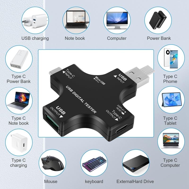 USB C Tester,2 In 1 Type C USB Tester Color Screen IPS Digital Multimeter,Voltage,Current,Power,Resistance,Temperature,with Clip
