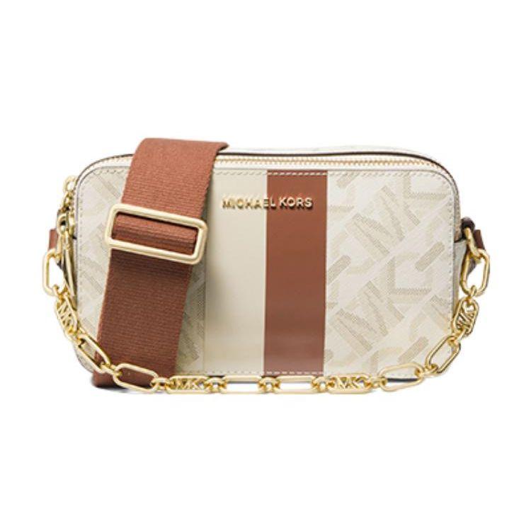 

Michael Kors MK Jet Set Logo Stripe Classic Monogram Zip Closure Leather Shoulder Crossbody Bag Small Women bags Vanilla-White 32H3GJ6C1B-099 Basic Set (Bag+Dust Bag)