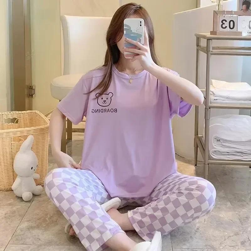 Pyjamas Set for Womenshort Sleeve Long Pants Student Pajamas Cartoon Plus Size Plaid Trousers Loungewear Two-Piece Setpajamas Wo