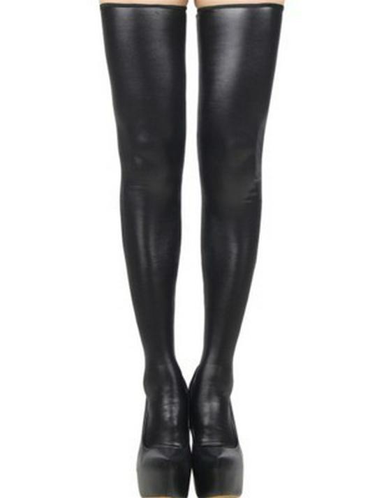 European-American Faux Leather Stockings with Metal and Lace Details