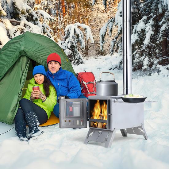 Wood Burning Stove with 5 Pipes Accessories, Visible Window Side Panels Heating Cooking Hot Tent Stove, Large Firebox Stainless Steel Stove for