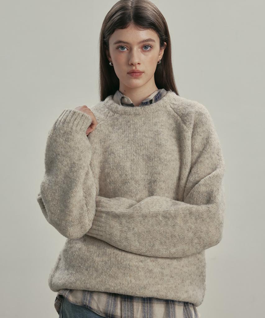 KNITTED (Unixsex) Boucle Raglan Crop Round Knit Oatmeal