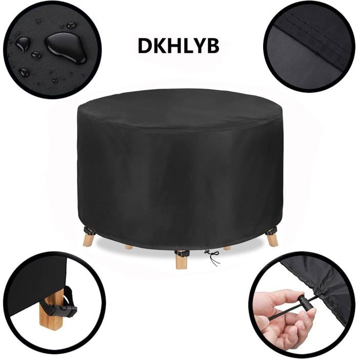 Housse ronde imperméable pour table de jardin 280 x 110 cm - tissu Oxford 210D, cordon de serrage, noire