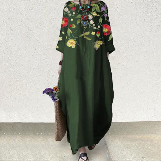 Women Long Dress Round Neck 45720 Sleeves Loose Floral Print Fashion Outfits
