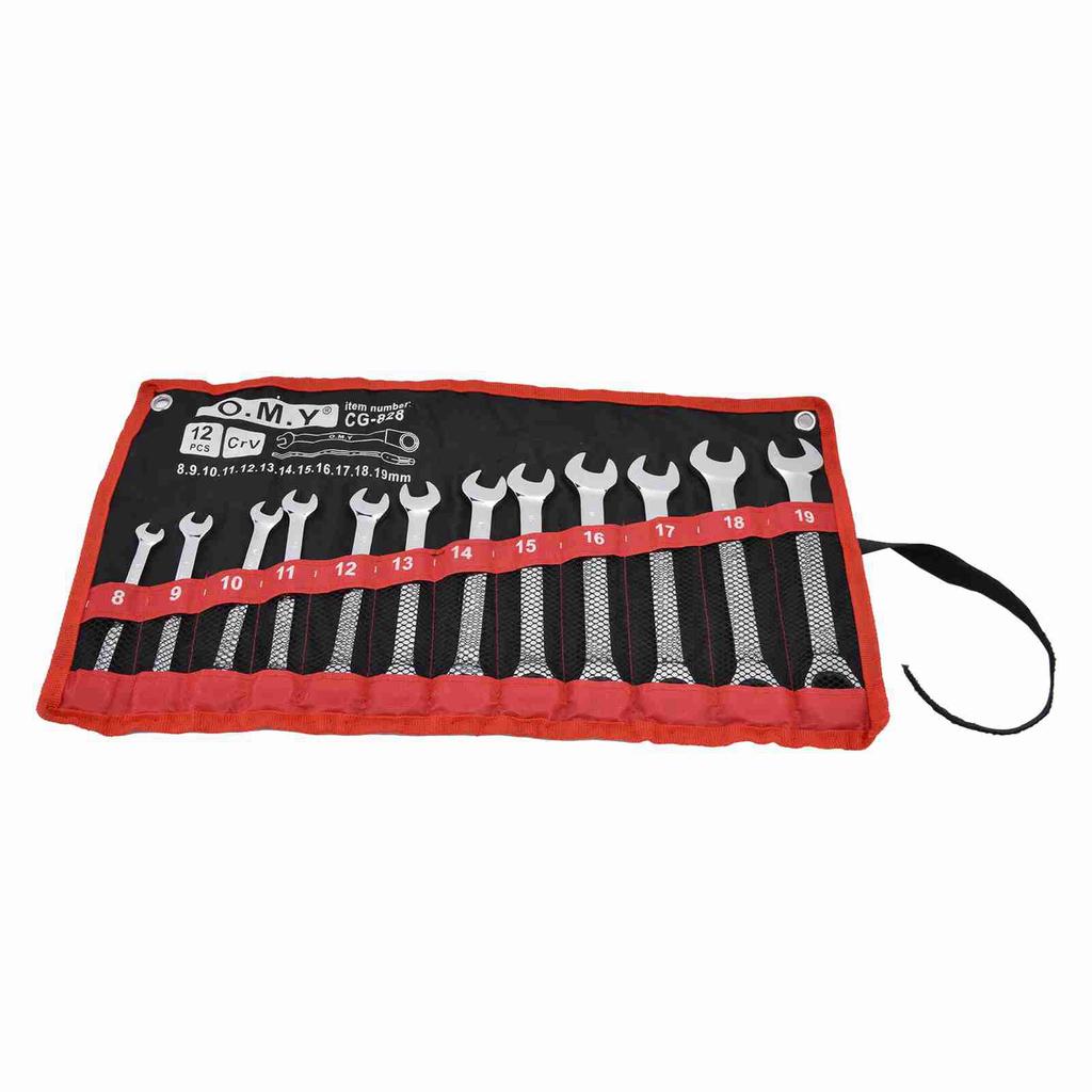 12Pcs Ratchet Wrench Set Kit Metric Combination Chrome Vanadium Steel 8‑19mm with Storage BagFixed Head