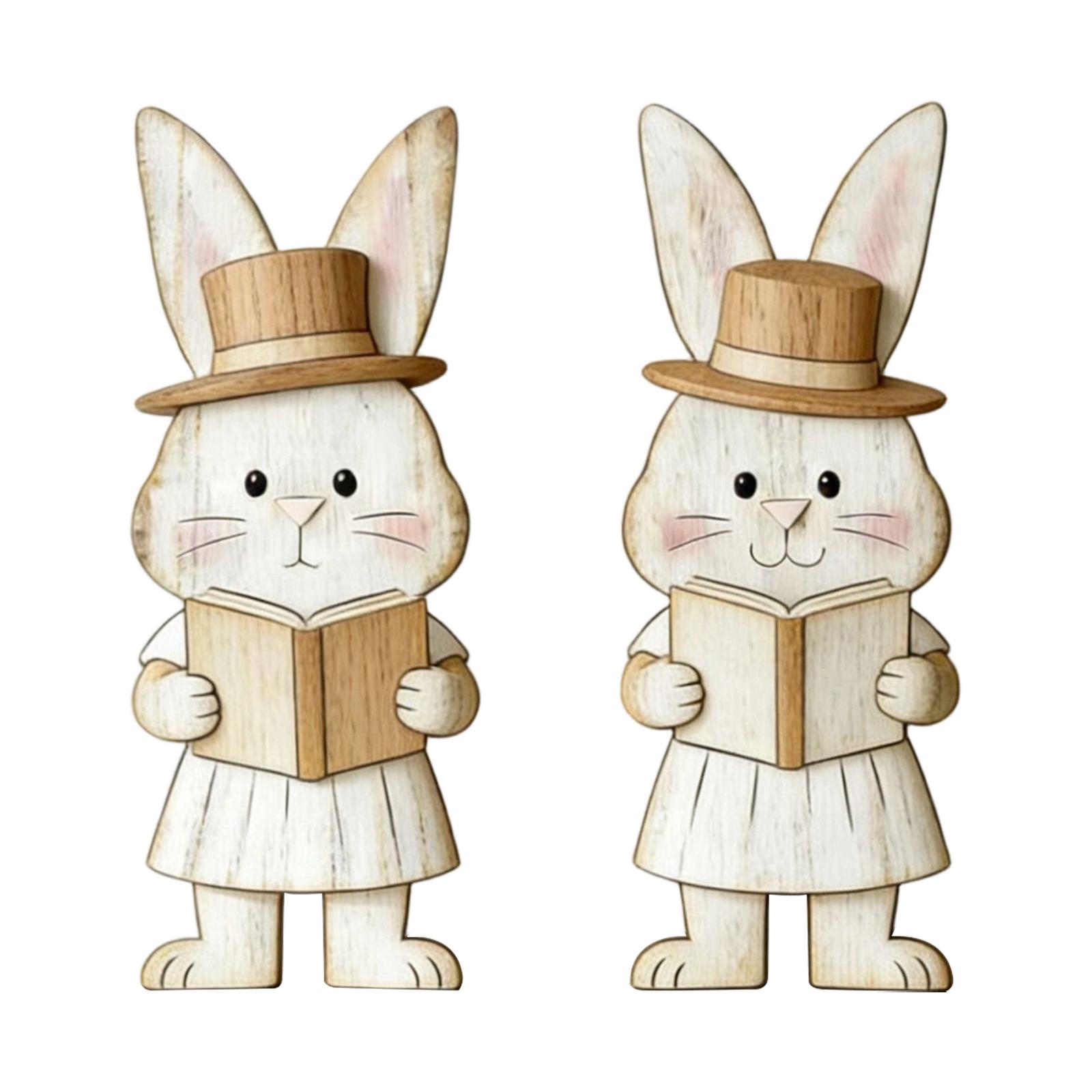 Nordic Style Wooden Easter Bunny Figurines Couple Set Wearing Glasses Decorative Home Ornament Handcrafted Wood Art One Size