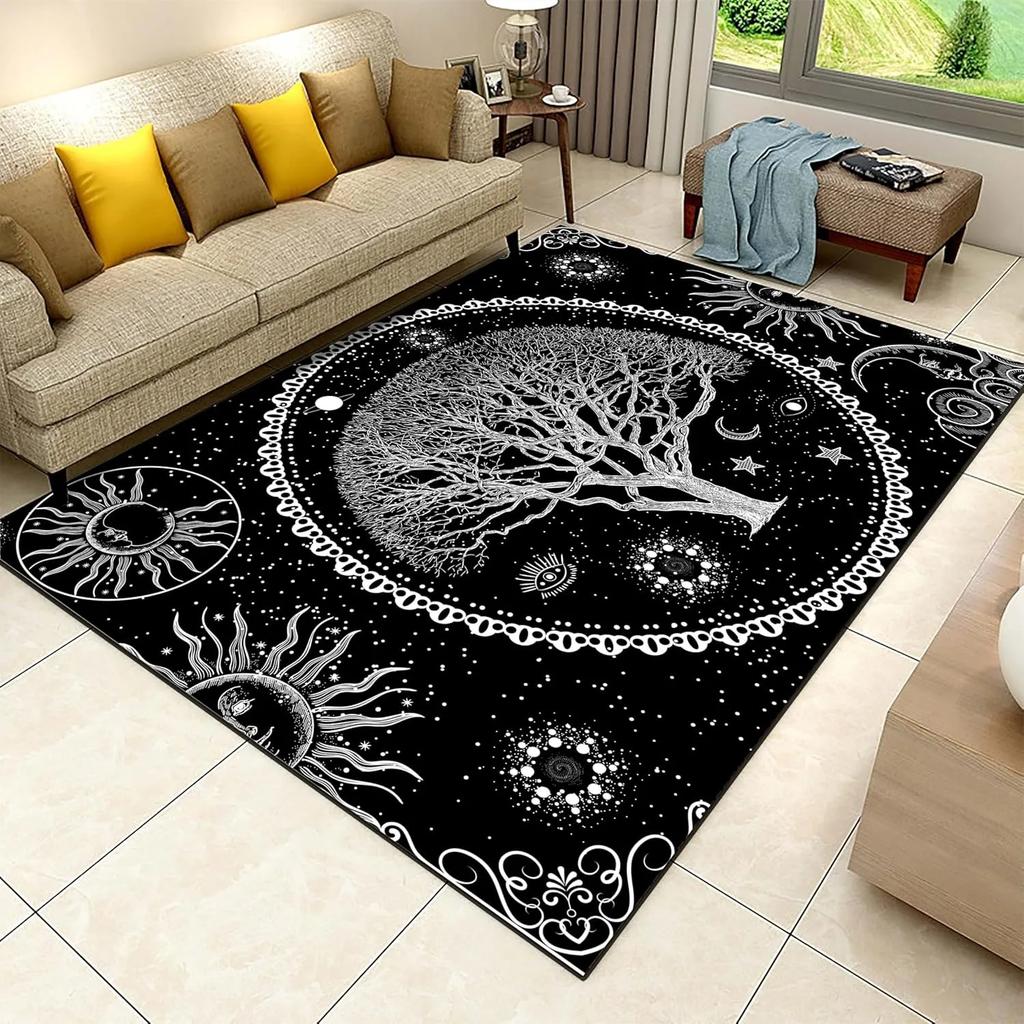 Black Celestial Moon and Stars Pattern Area Rug Phases of The Moon Decor Carpet Modern Astronomy Themed Non-Slip Living Room Rug