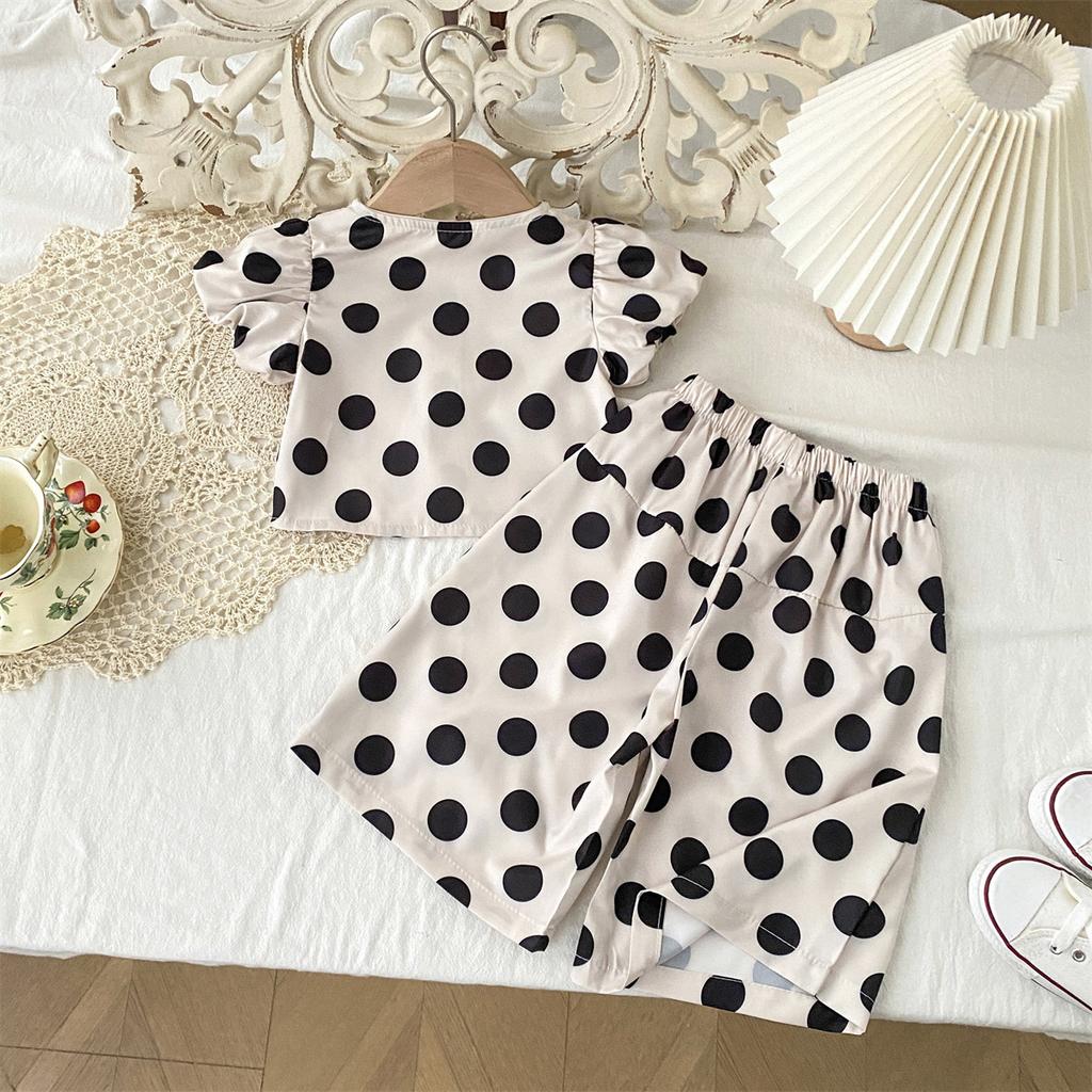 Girls' Polka Dot Outfit Summer New Korean Style Short Sleeve Top Wide Leg Pants Two-Piece Set