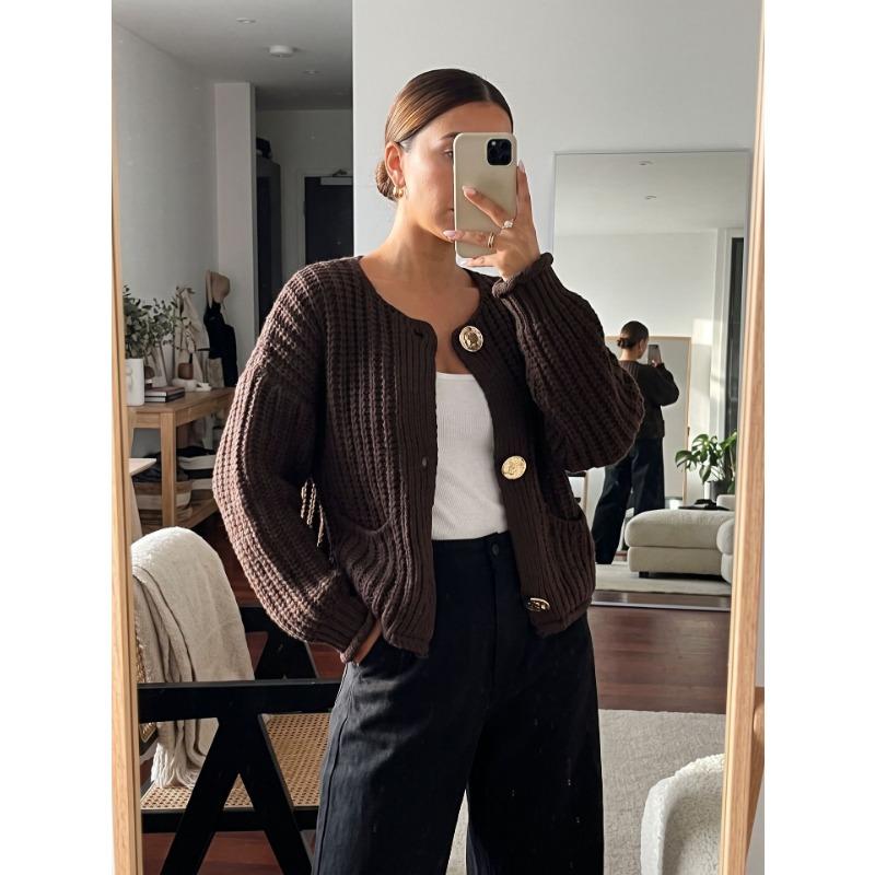 Women S Knitted Cardigan Round Neck Long Sleeve Button Front Lazy Style Sweater Coat