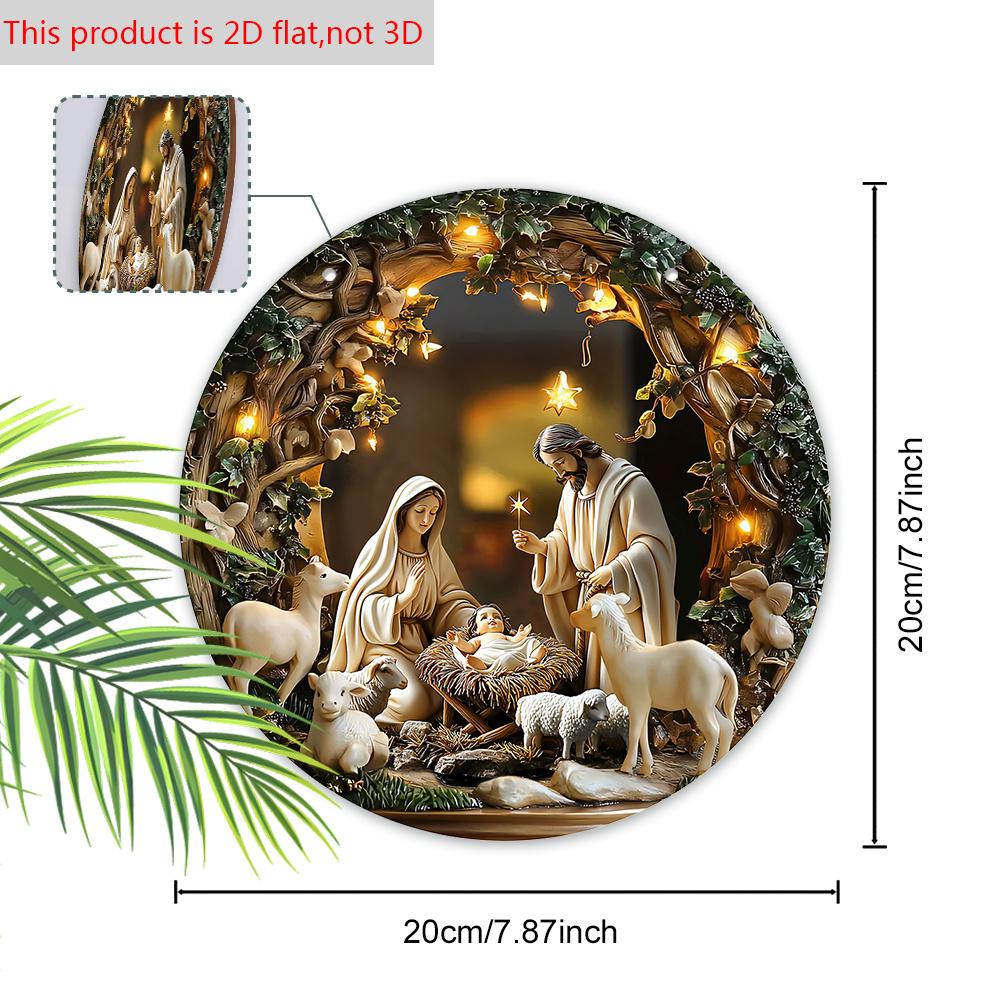 Nativity Scene Wooden Sign, Jesus Chases The Lost Lamb Round Sign for Front Door Wall Hanging Decor, Ideal Christmas Ornament