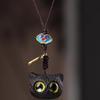 Ebony Wood Big-Eyed Cat Head Pendant Necklace Charm Keychain Accessory