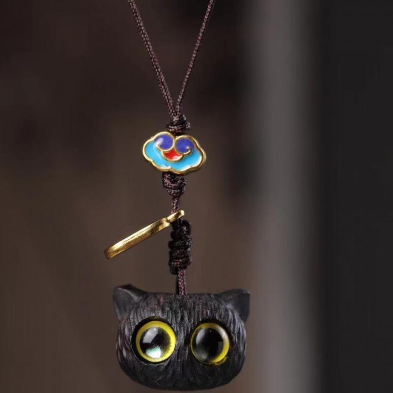 Ebony Wood Big-Eyed Cat Head Pendant Necklace Charm Keychain Accessory