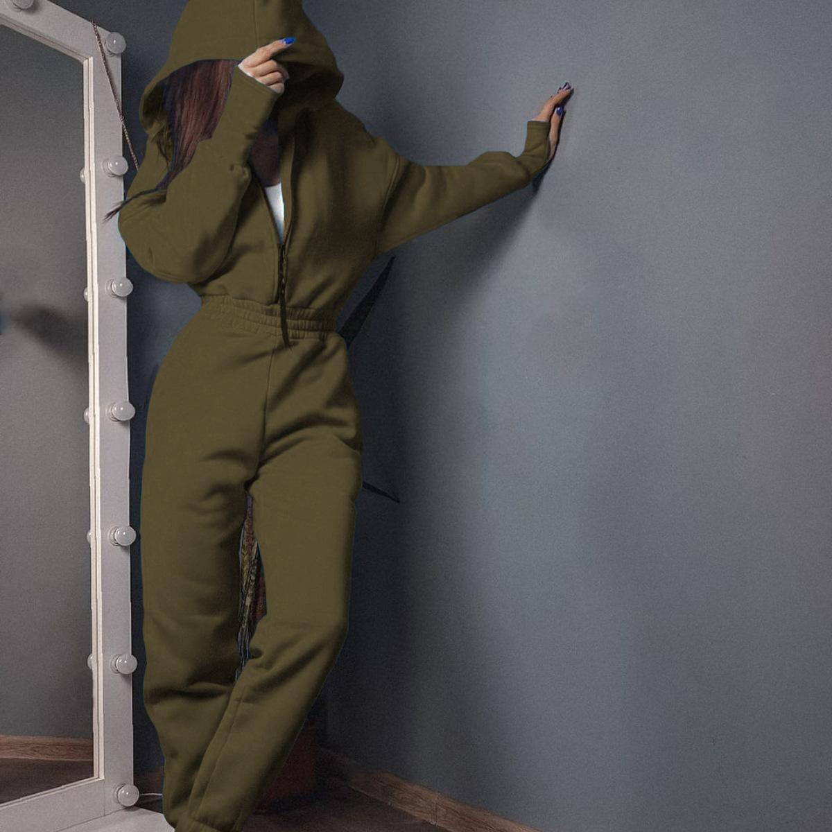 

Женский однотонный длинный рукав с капюшоном и V-образным вырезом, толстовка с капюшоном, осенне-зимний свободный топ, широкие брюки, комбинезоны XL армия зеленый