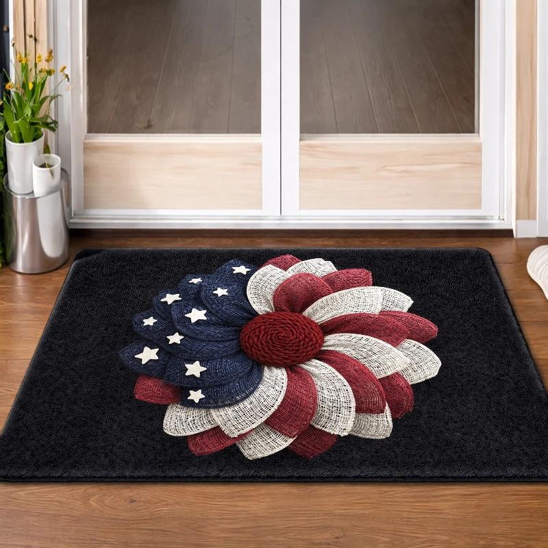 1pc American Flag Floral Suitable for Living Room, Bedroom, Kitchen Rug with Non-Slip Rubber Backing, Indoor/Outdoor Entry Door Mat for Porch