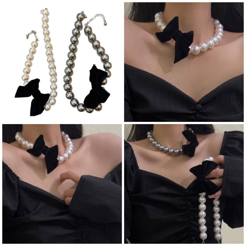 Colar Punk com Pérolas e Contas, com Pingente Larga Laço Preto, Correntes de Pescoço Góticas da Moda para Mulheres