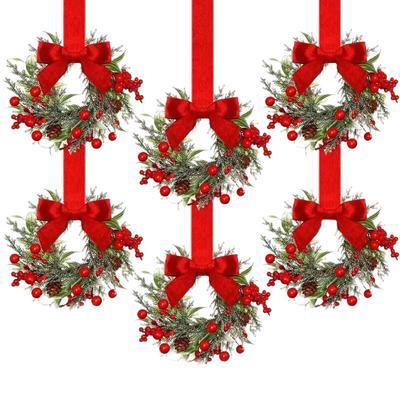 6PCS Artificial Christmas Wreath Winter Greenery Wreath with Red Berries And Velvet Bow Front Door Holiday Porch Wall Decor