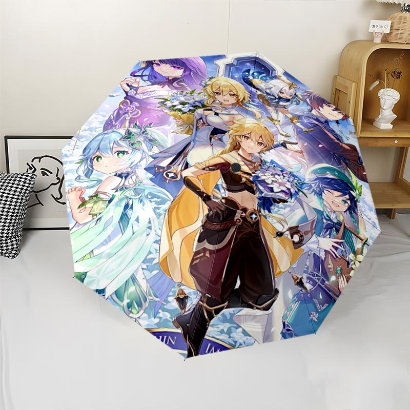 Genshin Impact characters1 Print Automatic Umbrella, 8 Rib Iron Frame, Plastic Handle, Suitable for Outdoor Travel &Daily , Ideal Gift