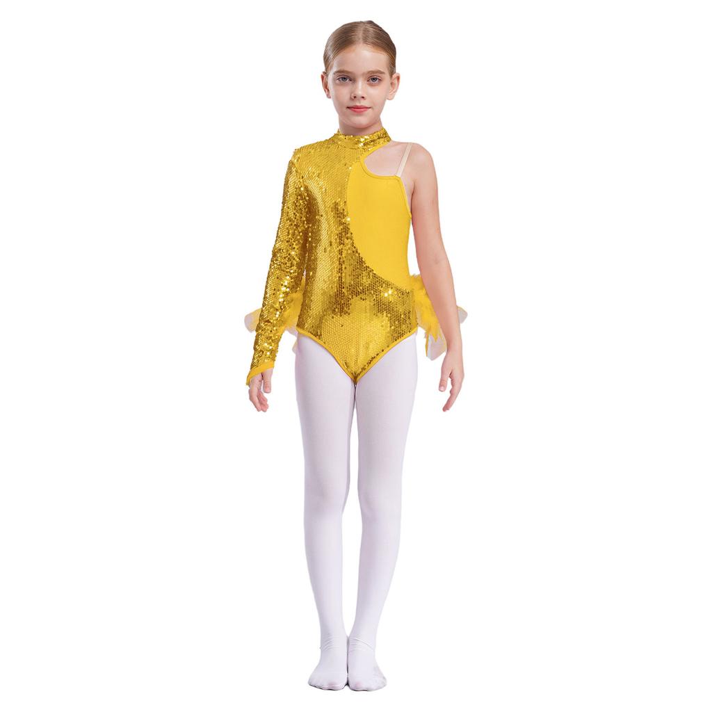 Mädchen Glitzernde Pailletten Feder Tüllrock Body Asymmetrische Schulter Langarm Stehkragen Bodysuit Tanzaufführungskostüm