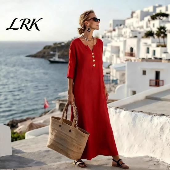Comfortable Summer Dress Loose Maxi for Women, 3/4 Sleeve Button Up Everyday Wear V Neck Casual Long Dress, Flowy Beach Sundress Fit