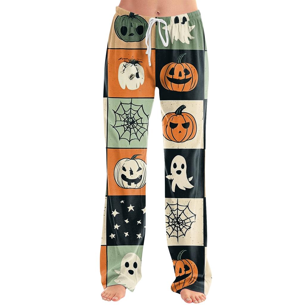 Damen Halloween Print Kordelzug Hose Lässige Lounge Hose Halloween Thema Bedruckter Elastischer Bund Entspannte Passform Hose