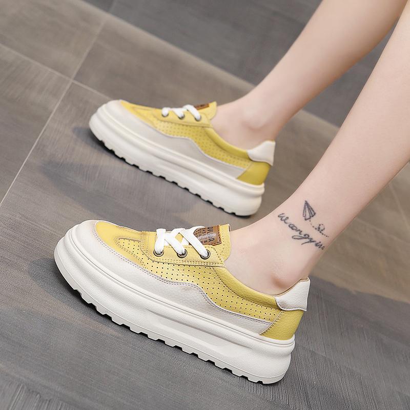 Women's Summer New Thick Bottom Board Shoes Breathable Leather Surface Anti-slip Heightening Casual Outdoor Ladies White Sneaker