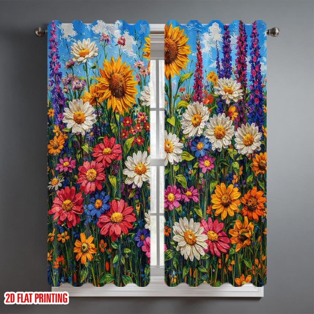2D Flat Printing 2pcs Curtain Drapes Colorful Summer Flowers Digital Printed Polyester Drapes Festive Wall Decor Use for Door