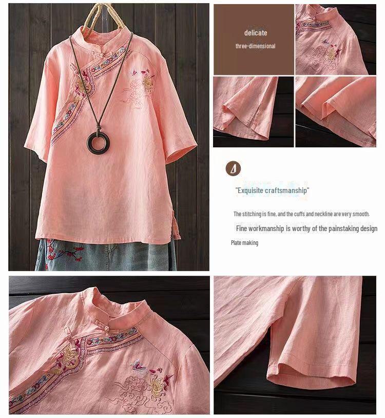 Cămașă de vară pentru femei, stil național, brodată, din bumbac și in, cu mânecă scurtă, largă, retro