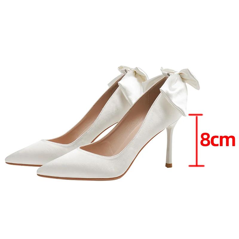 Fashion Elegant Satin Bowknot High Heels Pumps for Women Sexy Pointed Toe Stiletto Heeled Red Bridal Wedding Shoes Woman White Pumps