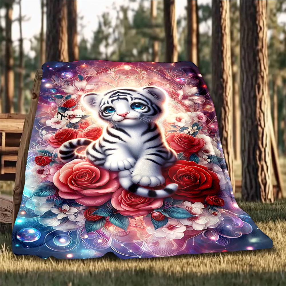1pc Tiger Flowers Outdoor Flannel Blanket , Machine Washable Perfect Gift for Birthday , Holiday Travel Accessory , Durable Material