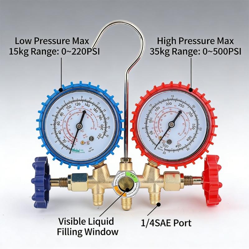 Professional AC Refrigerants Manifold Gauge For Precise Pressure Measurement In HVAC Systems Diagnostic Tool With Hose