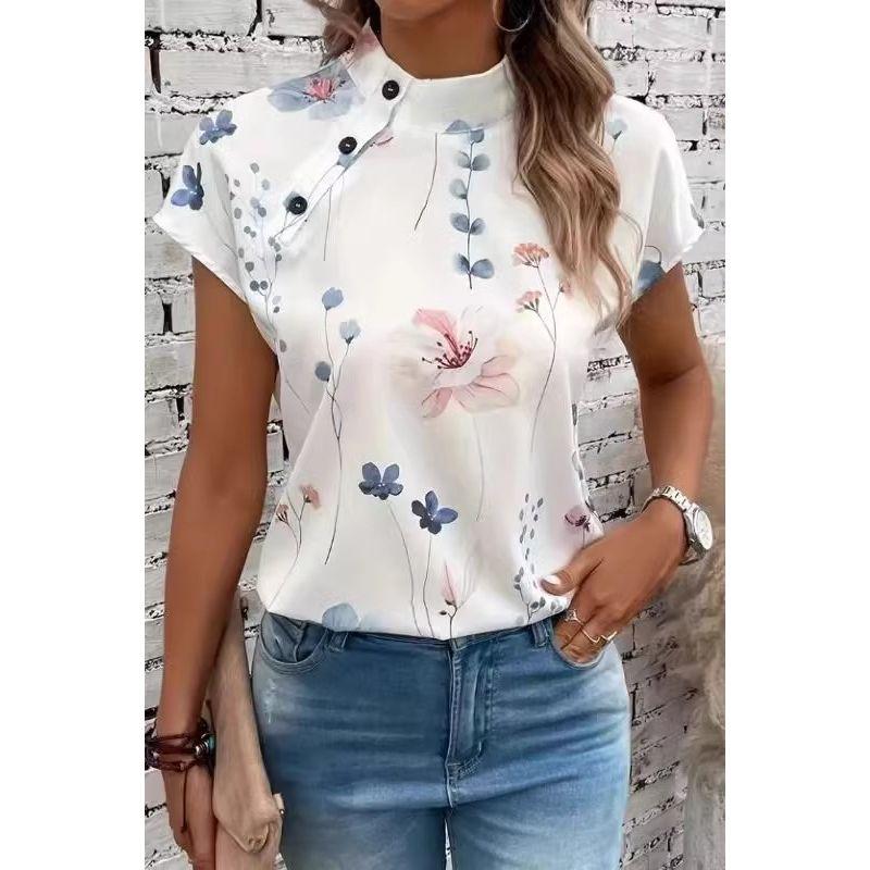 

Модный стиль Модный Элегантный Летний Новинка Женская Белая Футболка с Цветочным Узором с Коротким Рукавом Женский Свободный Топ с Круглым Вырезом Picture Color S