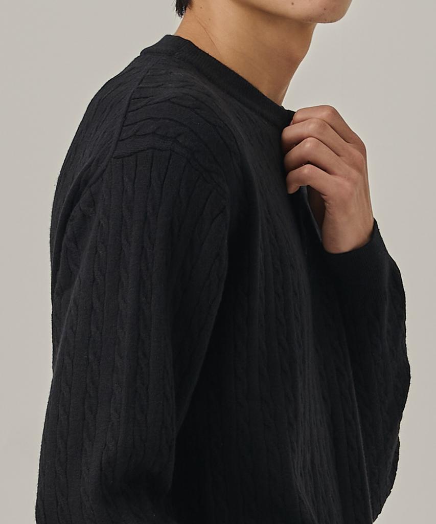 ANALOG MOOD Washable Cable Henley Neck Knit T-Shirt (Black)