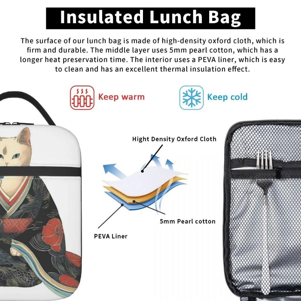 Edo Era Cat In A Kimono Eating Dango Art Insulated Lunch Bag for Women Kids Portable Food Boxes Thermal Lunch Box Tote