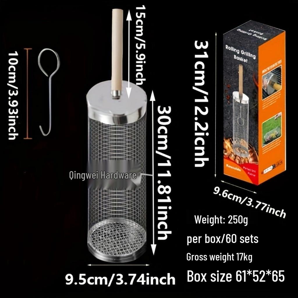 Rolling BBQ Cage: Outdoor Grill Basket with Wooden Handle, 304 Stainless Steel, Non-Infringing BBQ Cylinder Grill Net.