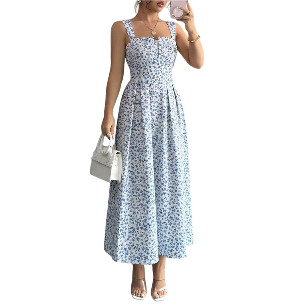 Women Sleeveless Backless Floral Print Maxi Dress with Adjustable Straps and Fitted Waist Summer Casual Sundress