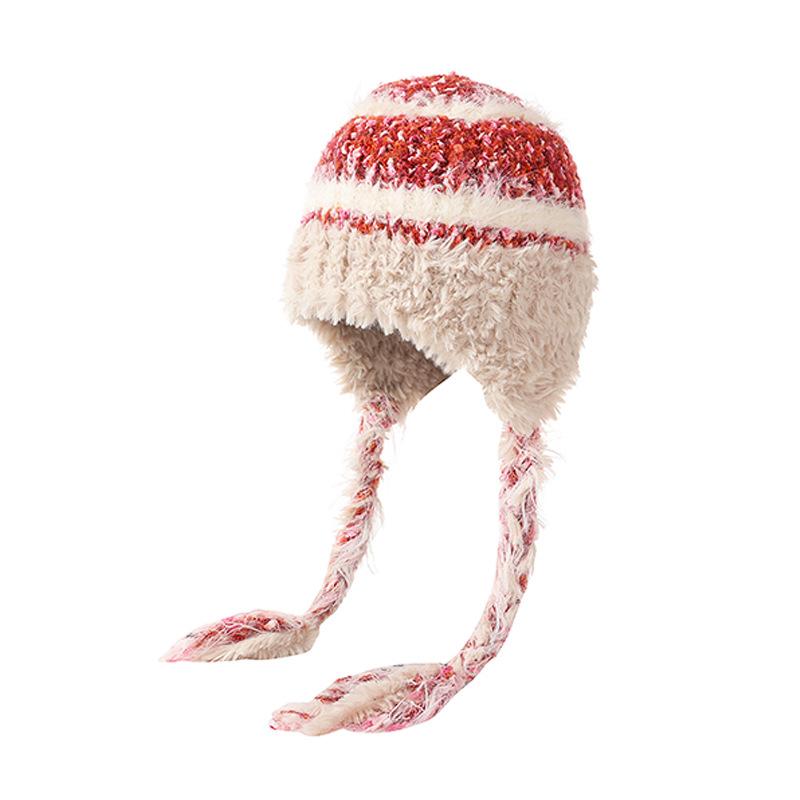 Wool hat female face small Maillard winter fringed braids thickened thermal ear protection hat cold knitted hat cold hat