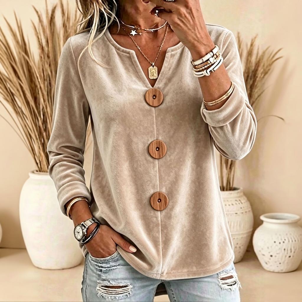 Women's Elegant Velvet Long Sleeve V-Neck Button Top for Work and Evening Wear