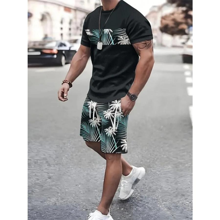 Summer Men's Sailor Short Sleeve Set Anchor Print Pattern Short Sleeve Shorts Set Men's Crew Neck T-Shirt and Drawstring Shorts