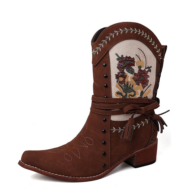 Fashion Vintage Ethnic Style Embroidery Woman Ankle Boots Shoes Ladies Elegant Thick Heel Western Cowboy Botas
