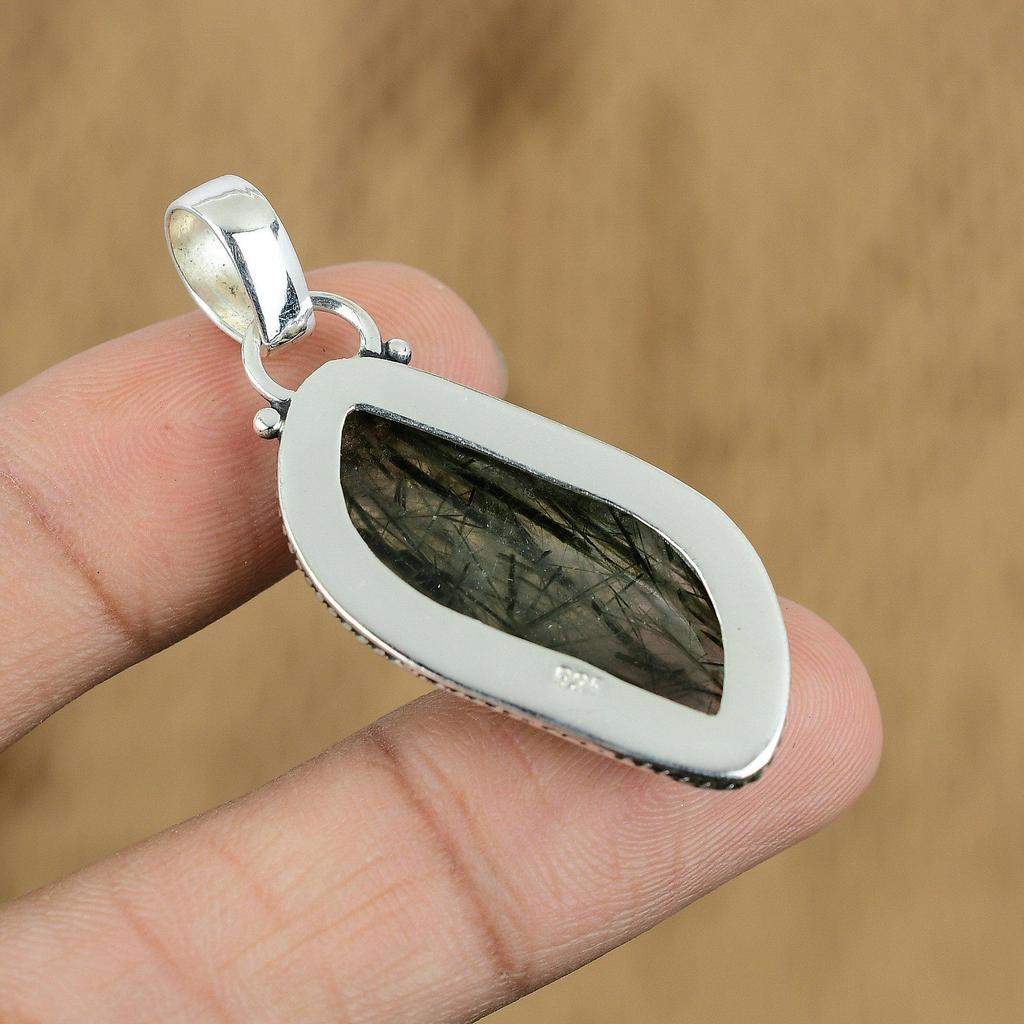 Anniversary Gift For Her Natural Black Rutile Gemstone Pendant 925 Silver