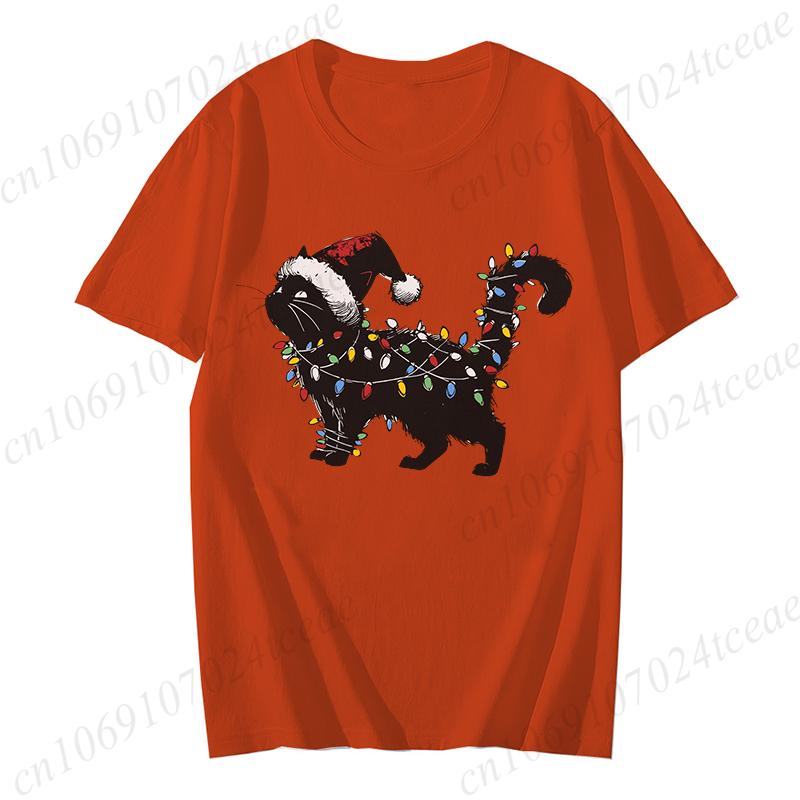 Unisex Cute Cat Christmas Graphic Print Tshirt Holiday Tee Shirts Casual O Neck Fashion Shortsleeve Soft Cat Mom Creative Tops
