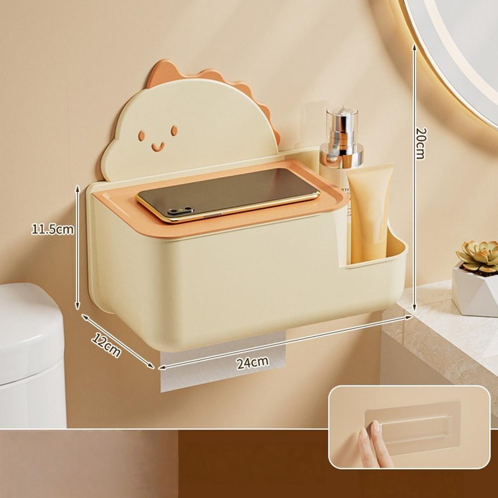 Carton Dinosaur Waterproof Toilet Tissue Box Rustproof Multi Function Storage Case Wall Mounted No Punching Paper Rack Home Use