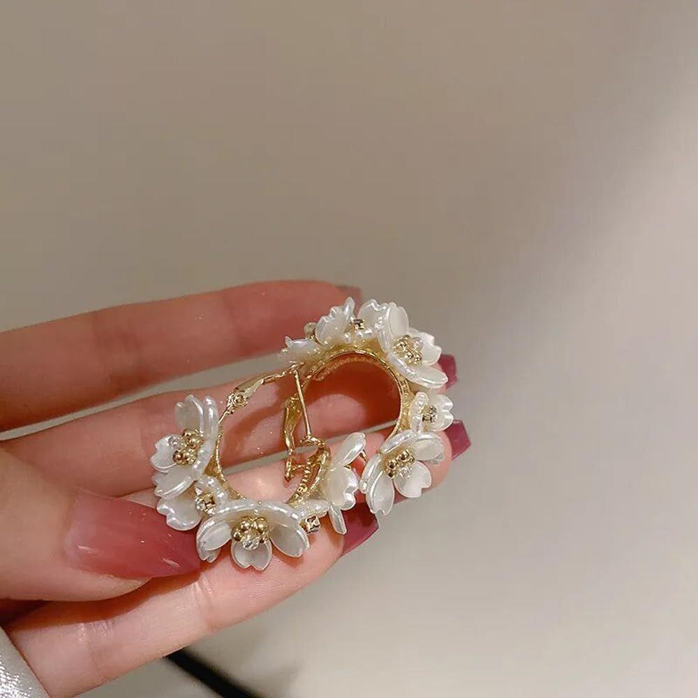 Latest Sweet Romantic Elegant White Flower Hoop Earrings | Stylish Shell Resin Delicate Pearl Flower Zircon Earrings | Trendy Versatile Jewellery